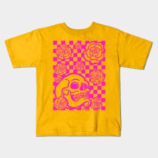 Skull and Roses Checkerboard (Pink Version) Kids T-Shirt